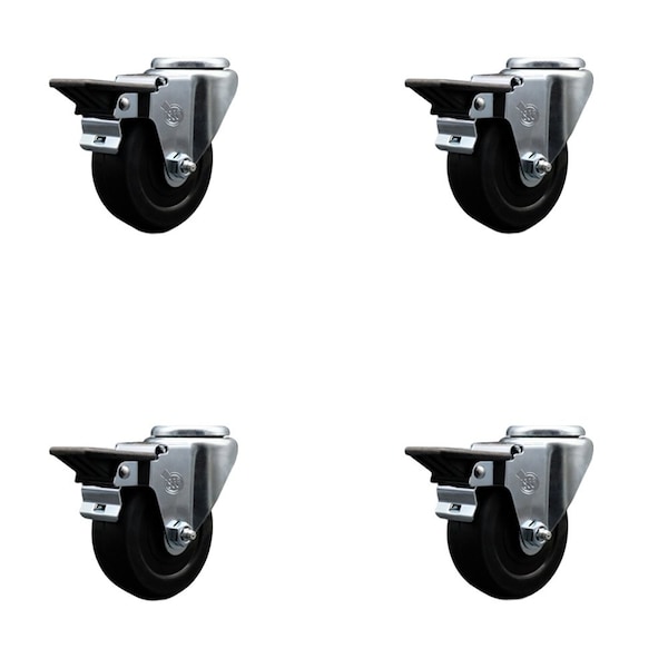 Service Caster 3.5'' Soft Rubber Wheel Swivel Bolt Hole Caster Set with Posi Lock Brakes, 4PK SCC-BH20S3514-SRS-PLB-4 - main